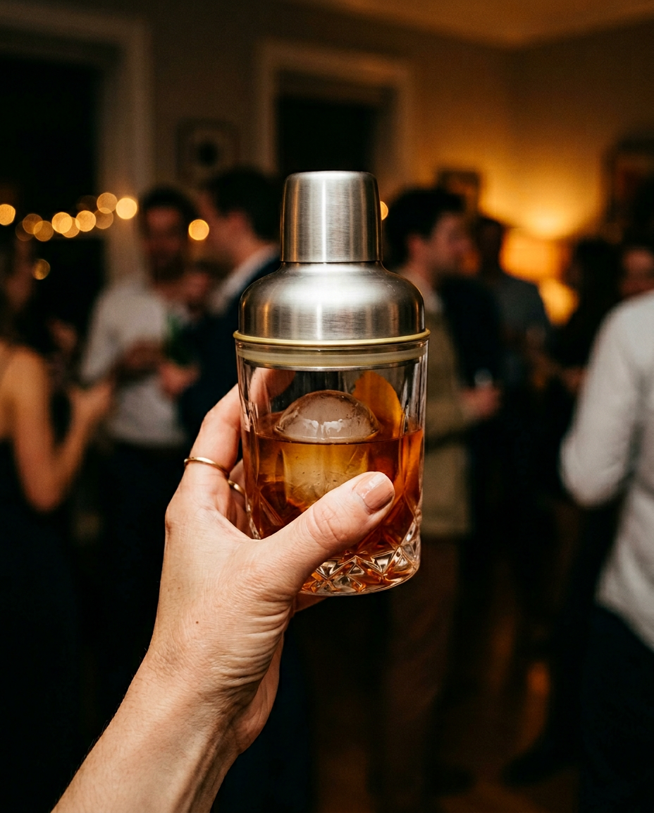 Quartet shaker held up at a dimly lit gathering, an old fashioned settling inside